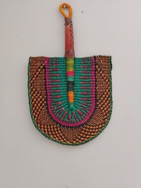 Bolga Elephant Grass handmade Fan with leather handle